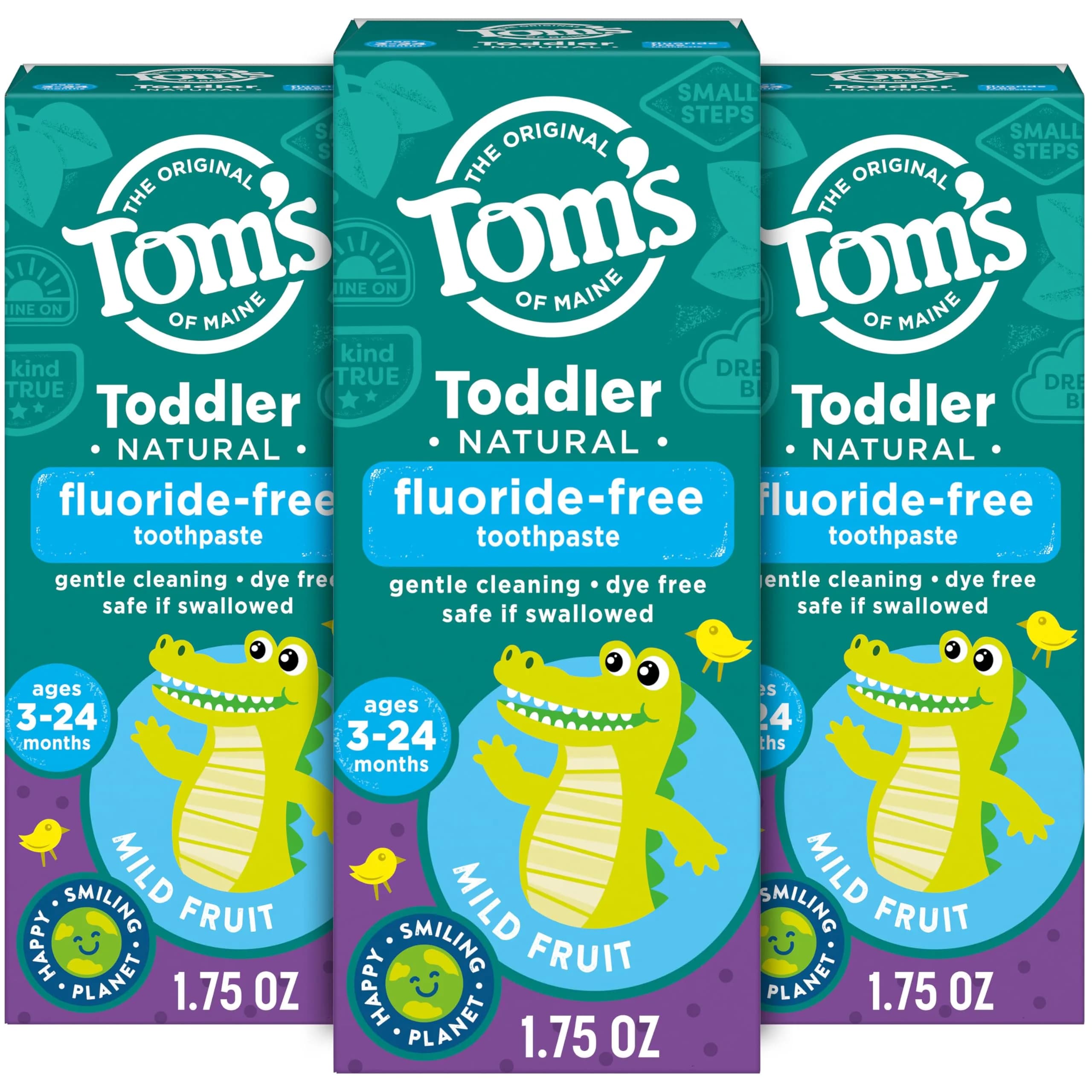 Tom's of Maine Toddler Fluoride-Free Toothpaste Mild Fruit 3 Pack 52.5ml (1.75oz Per Tube) | Gentle Cleaning for Ages 3-24 Months — 1.75 Ounce