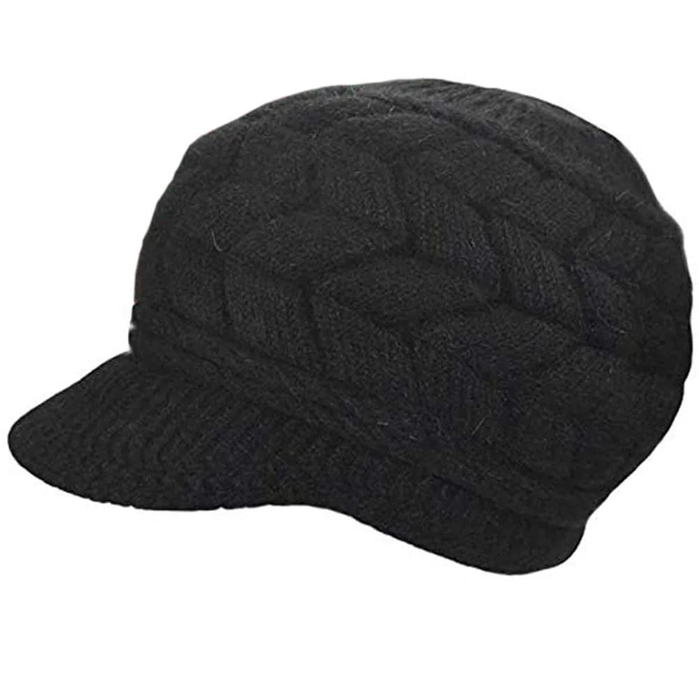 SYAYA Womens Winter Hat with Brim | Wool Knit Newsboy Cap with Fleece Lined Visor (Medium, Black)