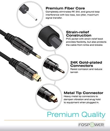 FosPower 24K Gold Plated Toslink to Mini Toslink Optical Cable 6ft | Supports 5.1/7.1 Surround Sound thumbnail 7