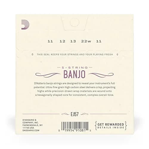 D'Addario EJ57 Banjo Strings, Nickel-Plated Steel, Custom Medium Gauge 11-22, 5-String Set | Warm, Bright Tone thumbnail 3