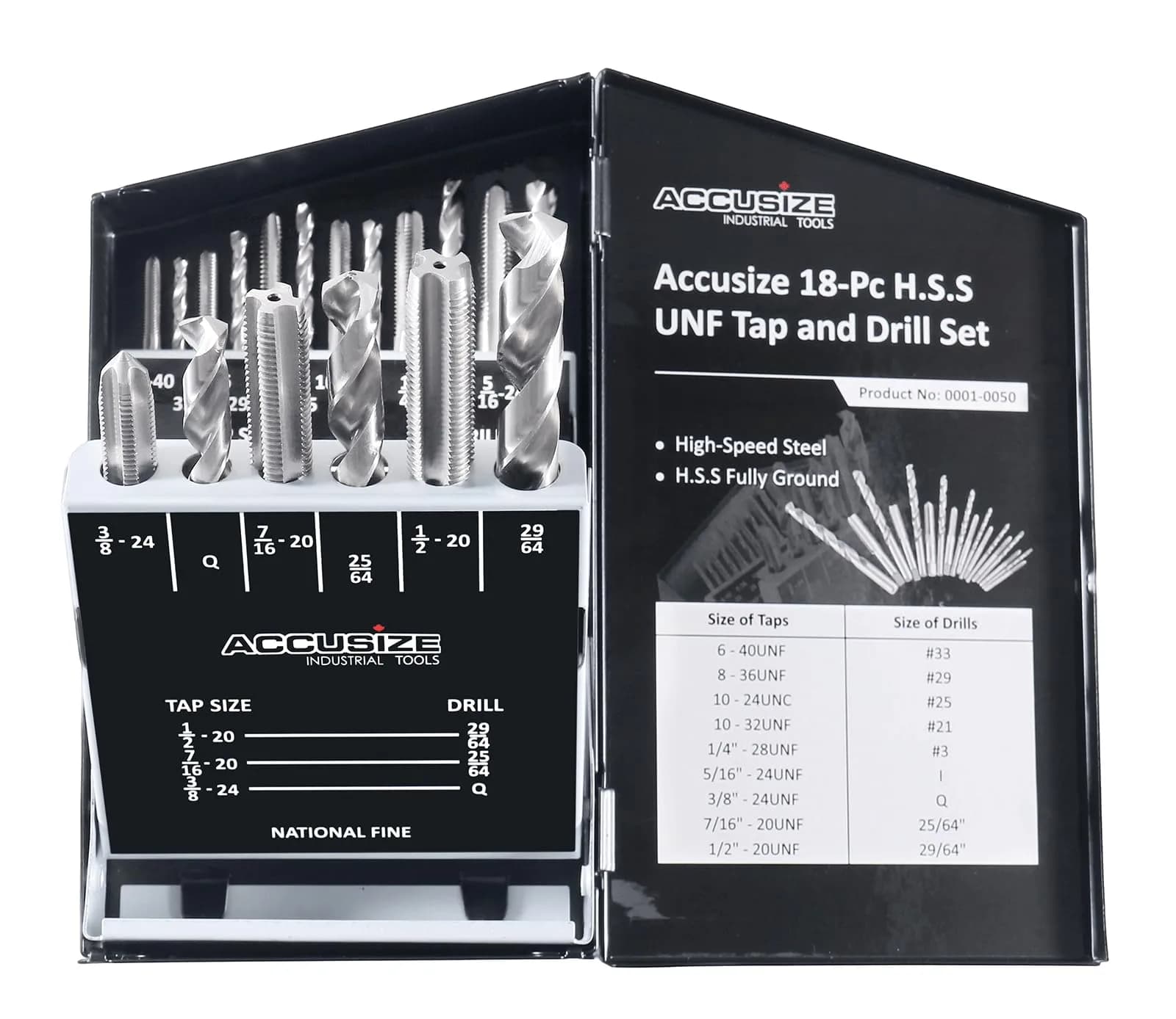 Accusize Industrial Tools HSS Tap and Drill Set, UNF, 18 Pc | Fully Ground, UNF Taps & Drills for Industrial Use