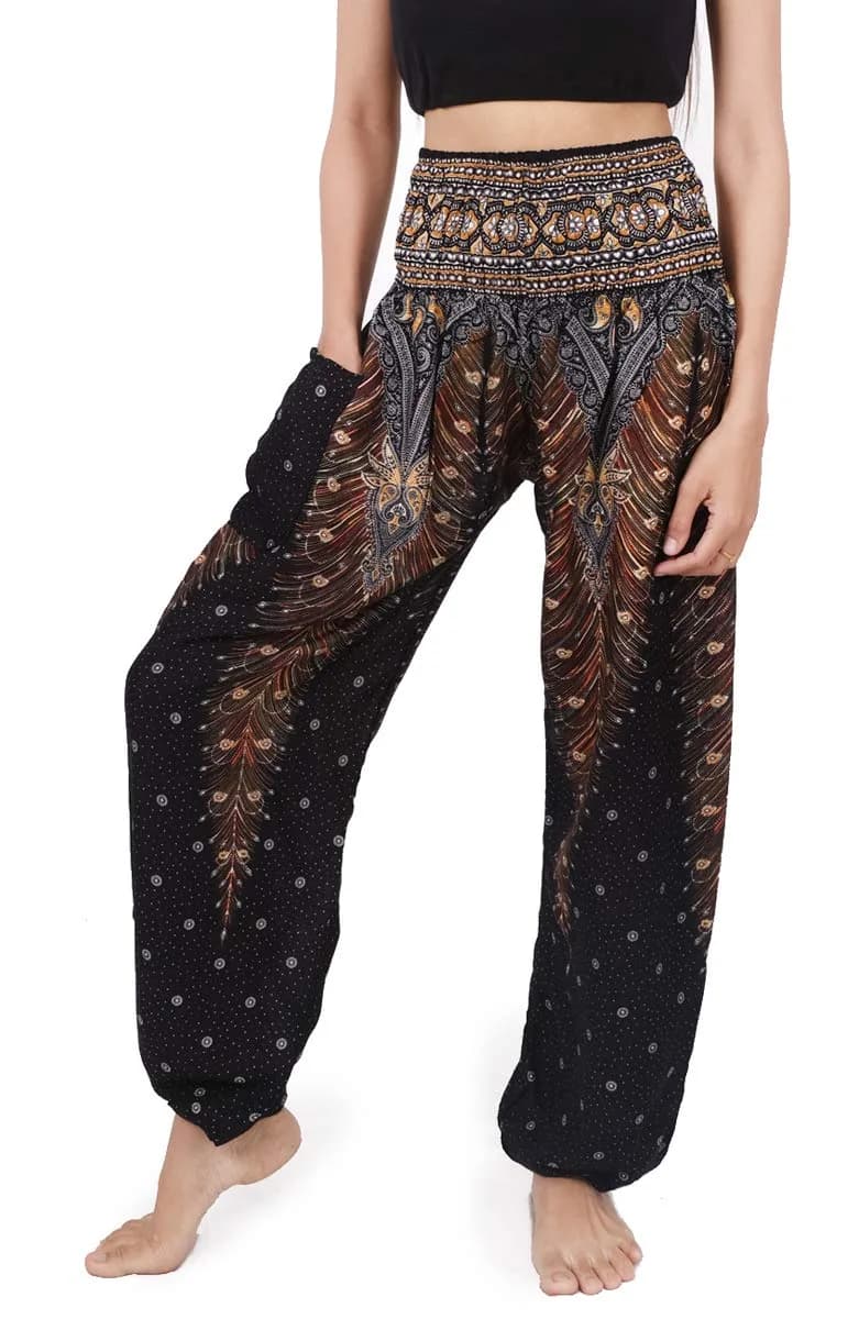 Banjamath Women's Smocked Waist Harem Hippie Boho Yoga Palazzo Casual Pants (S,Peacock Blue) | Comfortable Rayon Fit — Peacock Black / Medium