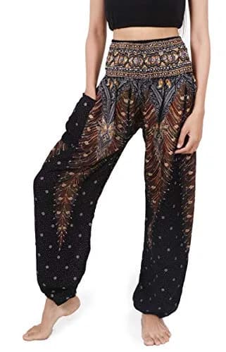 Banjamath Women's Smocked Waist Harem Hippie Boho Yoga Palazzo Casual Pants (M,Peacock Black) | Loose Fit Rayon Pants for Yoga & Relaxation thumbnail 1