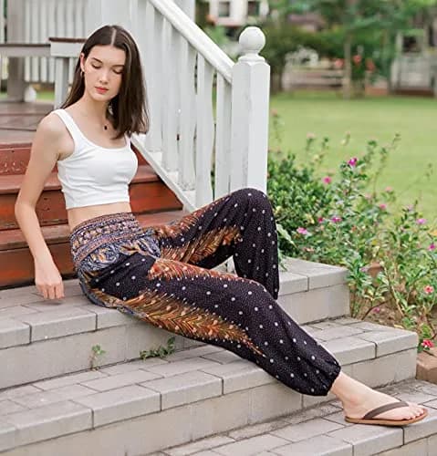 Banjamath Women's Smocked Waist Harem Hippie Boho Yoga Palazzo Casual Pants (M,Peacock Black) | Loose Fit Rayon Pants for Yoga & Relaxation thumbnail 6