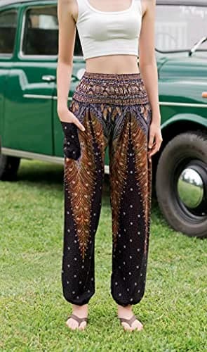 Banjamath Women's Smocked Waist Harem Hippie Boho Yoga Palazzo Casual Pants (M,Peacock Black) | Loose Fit Rayon Pants for Yoga & Relaxation thumbnail 7