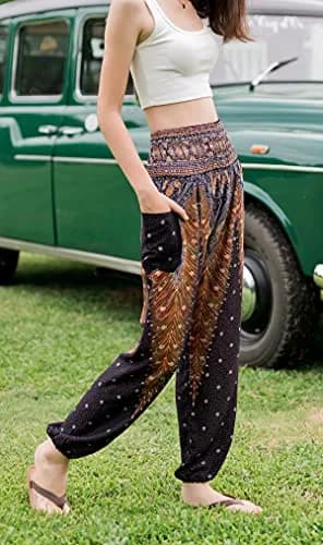Banjamath Women's Smocked Waist Harem Hippie Boho Yoga Palazzo Casual Pants (M,Peacock Black) | Loose Fit Rayon Pants for Yoga & Relaxation thumbnail 8
