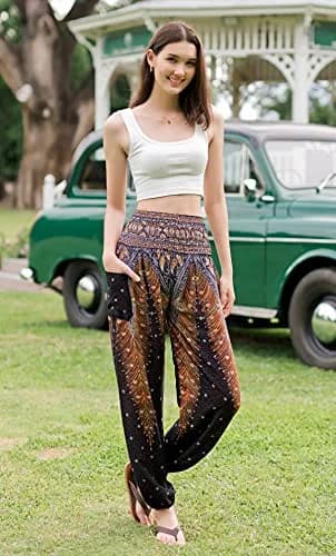 Banjamath Women's Smocked Waist Harem Hippie Boho Yoga Palazzo Casual Pants (M,Peacock Black) | Loose Fit Rayon Pants for Yoga & Relaxation thumbnail 2