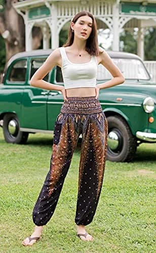 Banjamath Women's Smocked Waist Harem Hippie Boho Yoga Palazzo Casual Pants (M,Peacock Black) | Loose Fit Rayon Pants for Yoga & Relaxation thumbnail 3