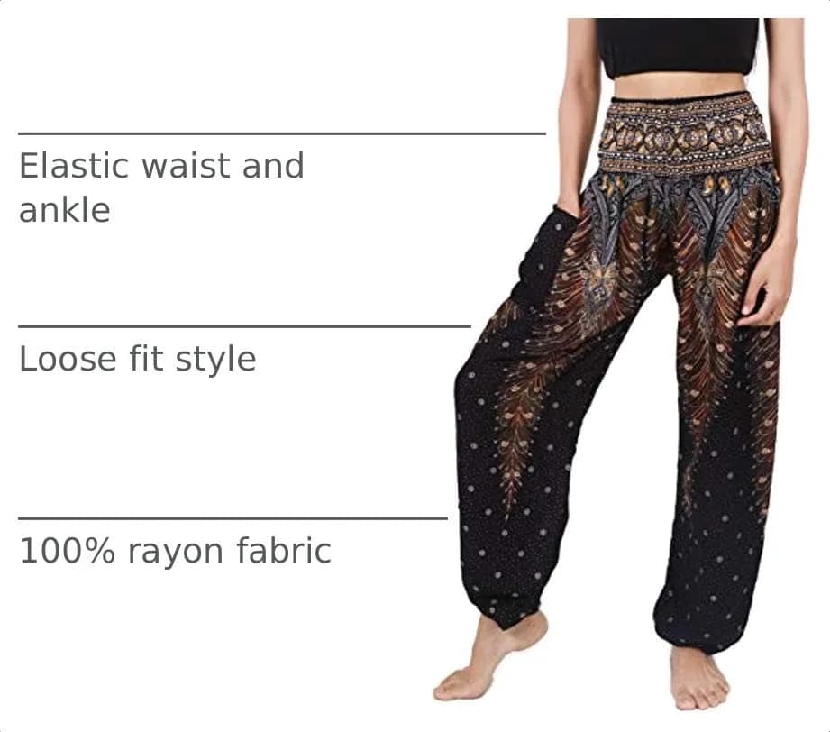 Banjamath Women's Smocked Waist Harem Hippie Boho Yoga Palazzo Casual Pants (M,Peacock Black) | Loose Fit Rayon Pants for Yoga & Relaxation thumbnail 4