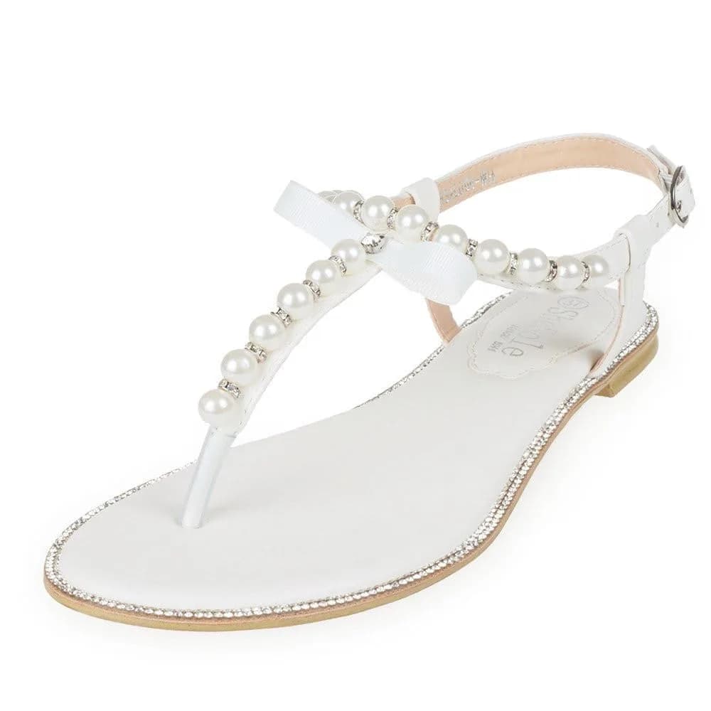 SheSole Women's Pearl Wedding Sandals Flat T-Strap White US 7 | Comfortable Summer Style — 7