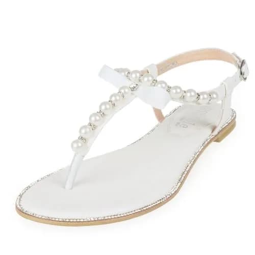 SheSole Women's Pearl Wedding Sandals Flat T-Strap White US 7 | Comfortable Summer Style thumbnail 1