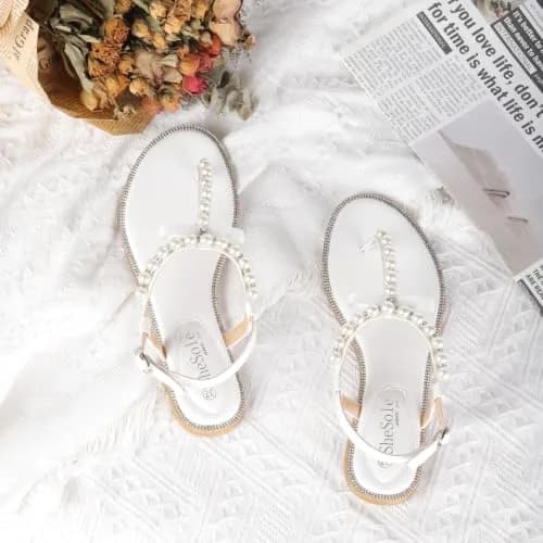 SheSole Women's Pearl Wedding Sandals, Flat T-Strap, White, US 8 | Elegant Summer Flat Sandals with Pearl Embellishments thumbnail 3