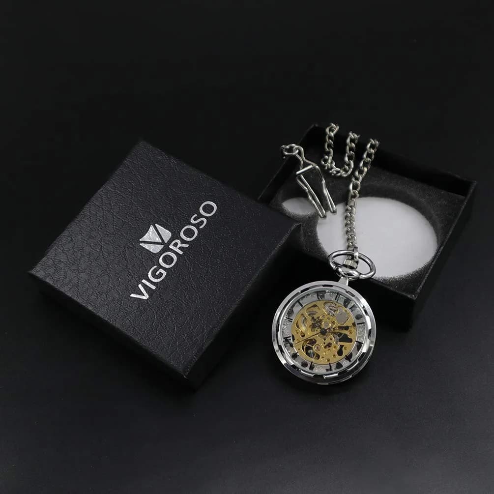 VIGOROSO Mens Classic Steampunk Pocket Watch Gold Skeleton Hand Wind Mechanical Watches in Box | Unique Skeleton Dial, Hand-Wound, 30H Power thumbnail 6