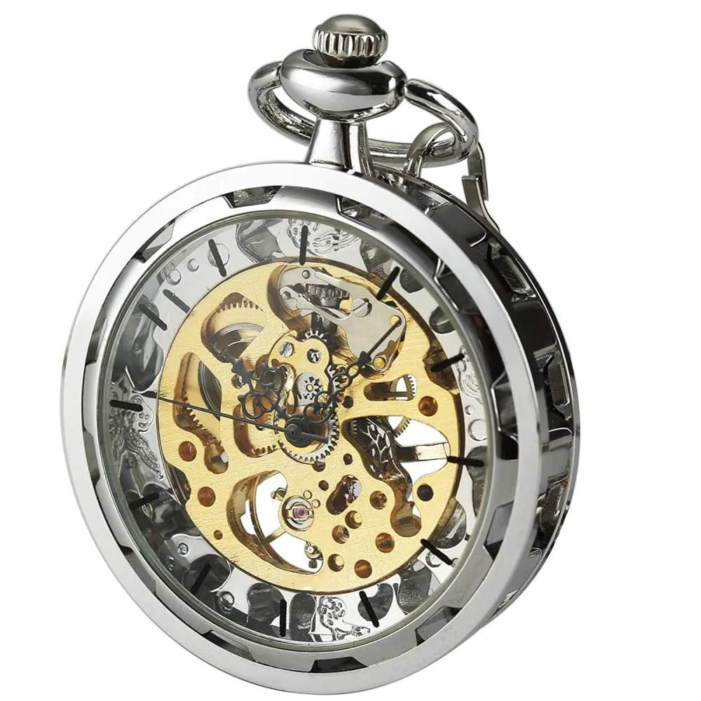 VIGOROSO Vintage Mechanical Pocket Watch with Chain | 4.3 cm (1.75 Inch) Case | Gold & Roman Numeral Dial — Silver