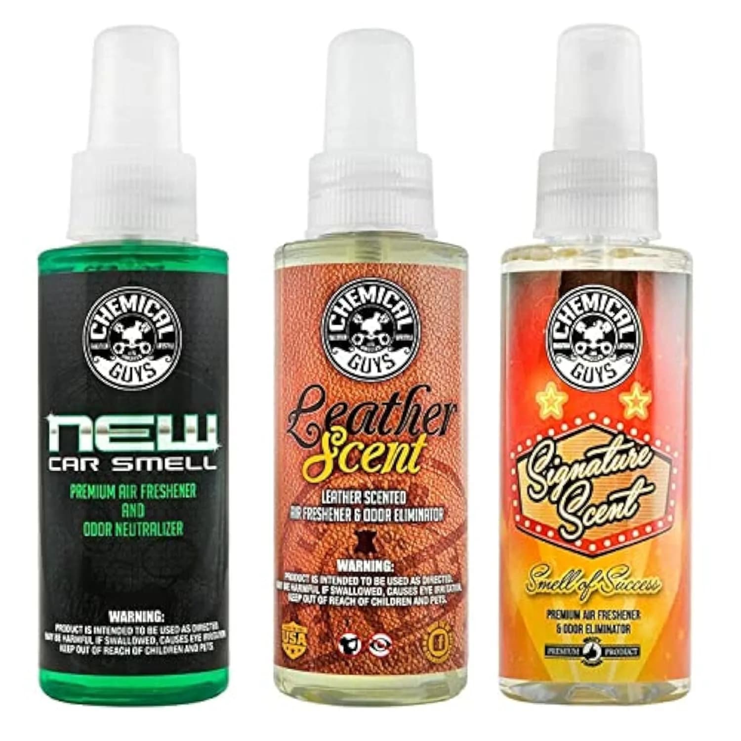 Chemical Guys New Car/Leather/Signature Scent Sample Kit 3 x 4 fl oz (12 fl oz Total) | Odor Eliminator for Cars, Homes — SAMPLE KIT