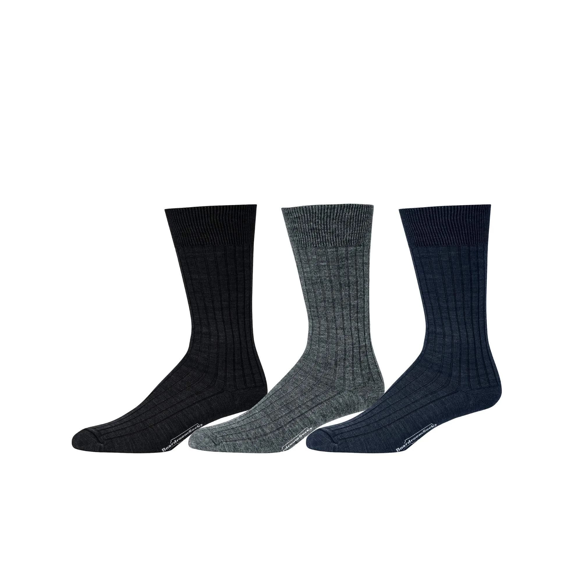BoardroomSocks Merino Wool Mid-Calf Dress Socks for Men, Ribbed Style, 8-12 | Classic Comfort & Style — 3 Color Set