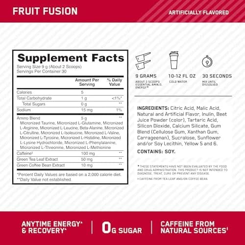 Optimum Nutrition Amino Energy Powder Fruit Fusion 9.5 oz (270 g) | Energy & Focus Blend thumbnail 2