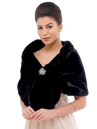 Aukmla Women's Wedding Fur Wraps and Shawls Bridal Fur Stoles Scarf with Rhinestones Brooch for Bride and Bridesmaids (Black, US 4-14 (S-M)) | Elegant Bridal Fur Wrap thumbnail 1