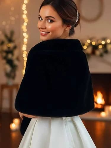 Aukmla Women's Wedding Fur Wraps and Shawls Bridal Fur Stoles Scarf with Rhinestones Brooch for Bride and Bridesmaids (Black, US 4-14 (S-M)) | Elegant Bridal Fur Wrap thumbnail 7