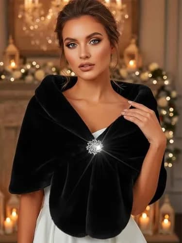 Aukmla Women's Wedding Fur Wraps and Shawls Bridal Fur Stoles Scarf with Rhinestones Brooch for Bride and Bridesmaids (Black, US 4-14 (S-M)) | Elegant Bridal Fur Wrap thumbnail 2