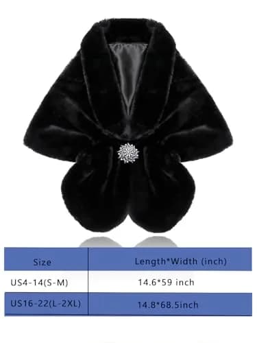 Aukmla Women's Wedding Fur Wraps and Shawls Bridal Fur Stoles Scarf with Rhinestones Brooch for Bride and Bridesmaids (Black, US 4-14 (S-M)) | Elegant Bridal Fur Wrap thumbnail 3