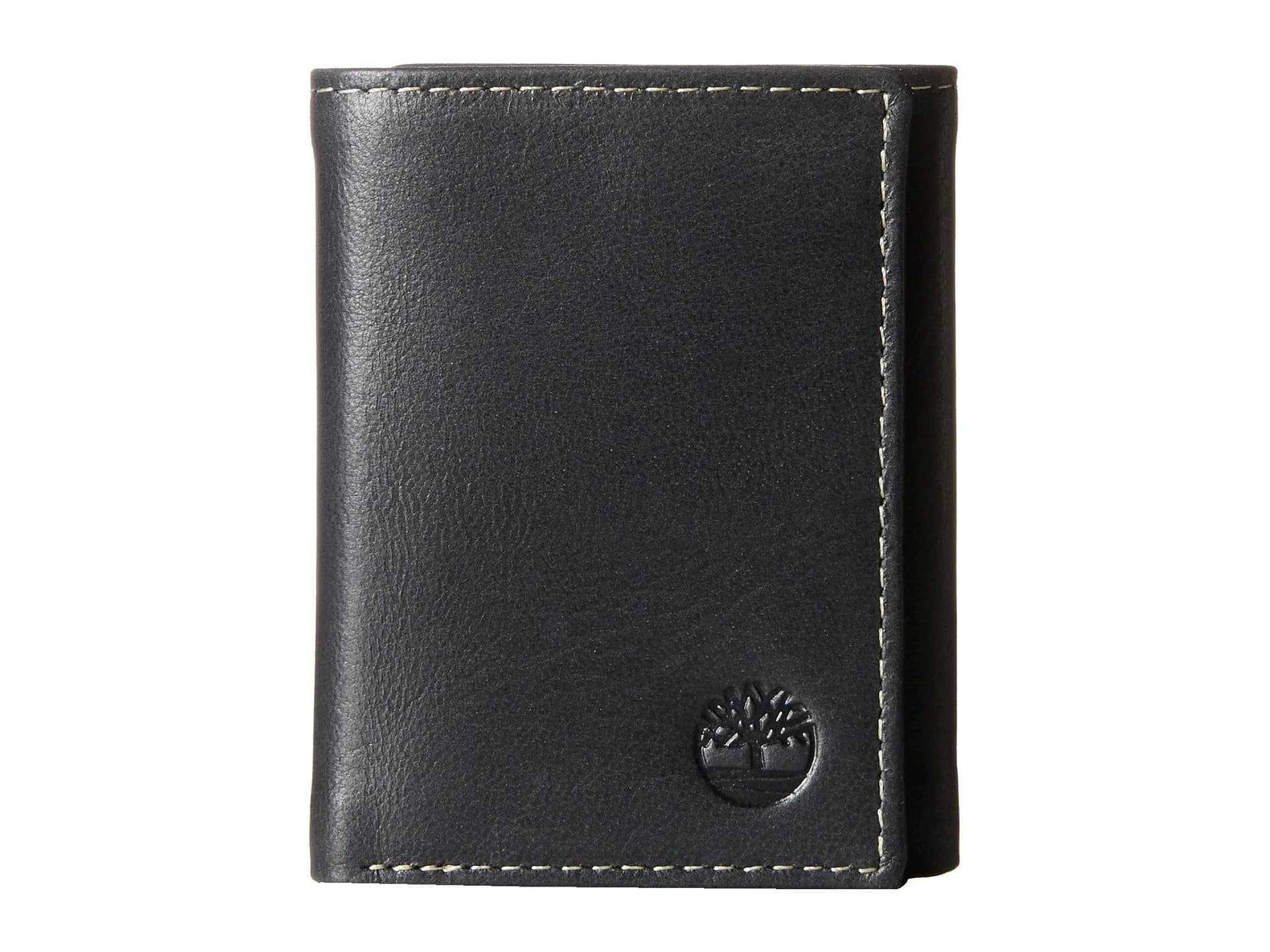 Timberland Men's Leather Trifold Wallet With ID Window, Black 10.8cm (4.25") | Genuine Italian Leather, Compact Design — Black (Cloudy)
