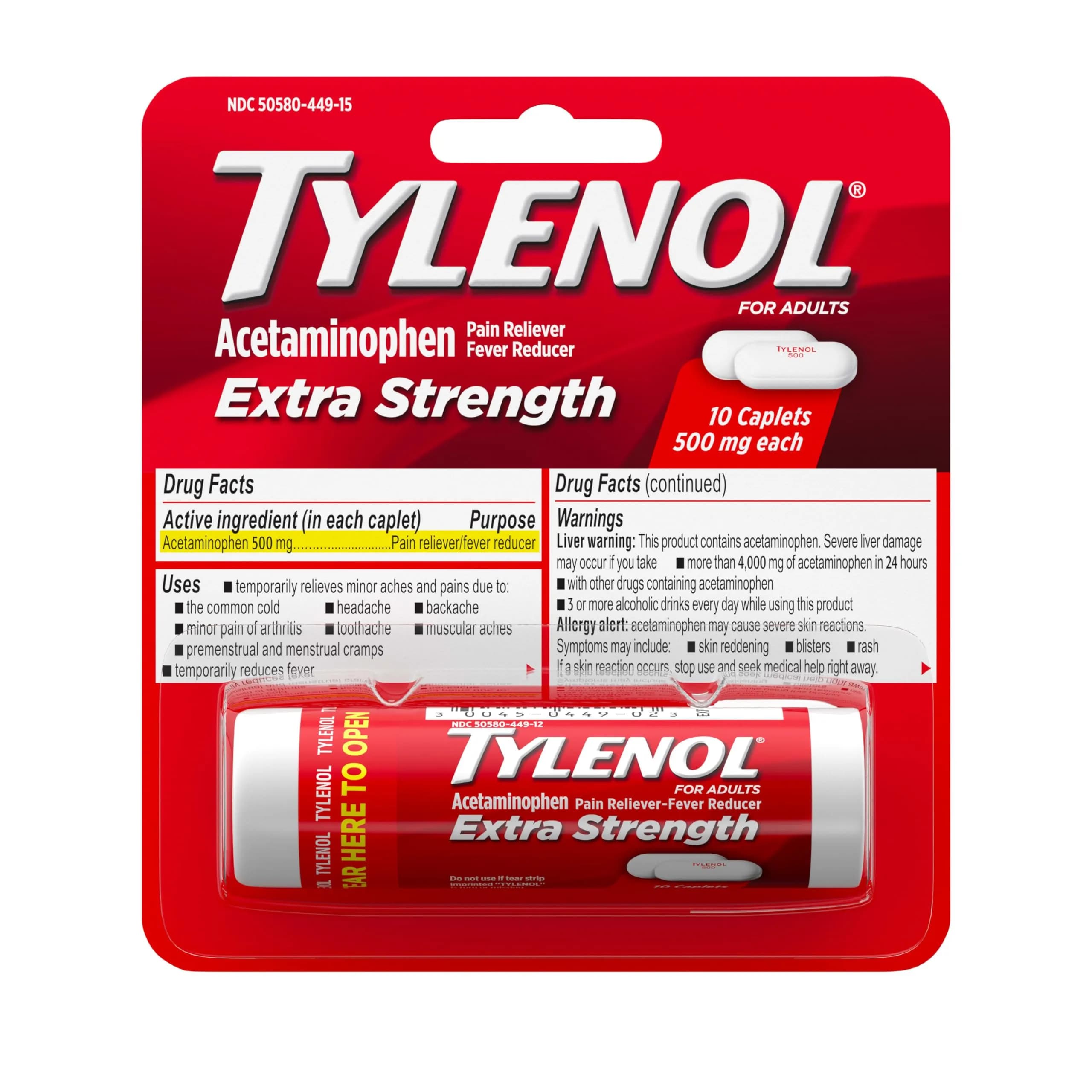 Tylenol Extra Strength Acetaminophen 500 mg Caplets | Pain Relief & Fever Reduction - main product image