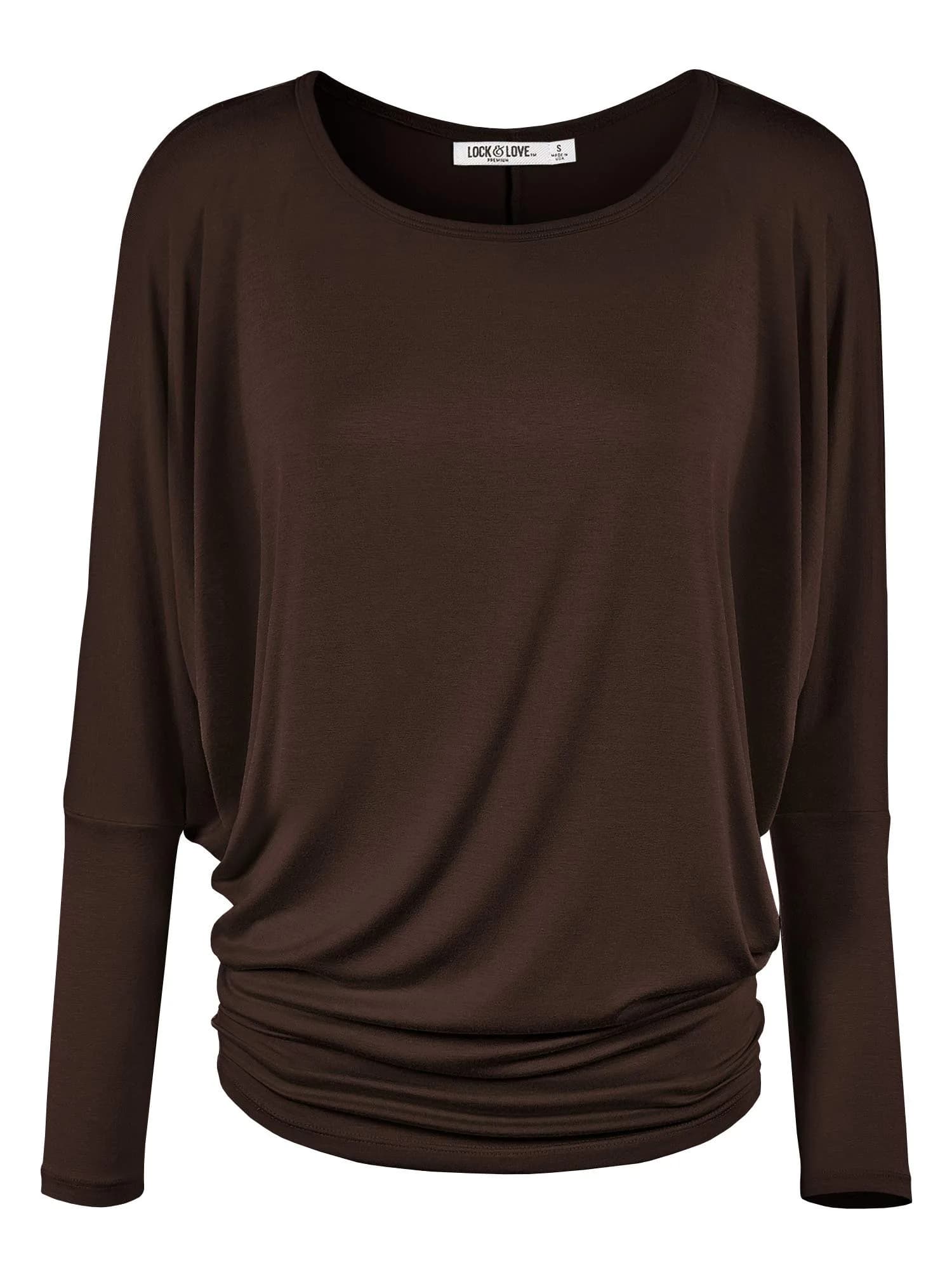 Lock and Love Women's Batwing Dolman Top, Teal | Soft & Flowy Long Sleeve Shirt — Brown