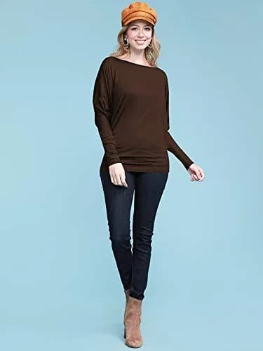Lock and Love Women's Casual Flowy Batwing Dolman Top | Soft & Comfortable Loose Fit Pullover M Brown thumbnail 3