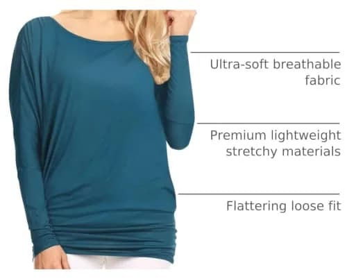 Lock and Love Women's Batwing Dolman Top, Teal | Soft & Flowy Long Sleeve Shirt thumbnail 4