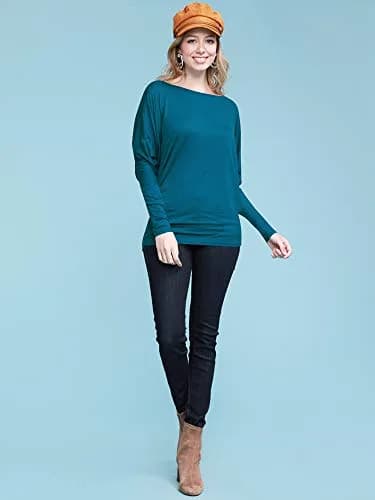 Lock and Love Women's Batwing Dolman Top, Teal | Soft & Flowy Long Sleeve Shirt thumbnail 3