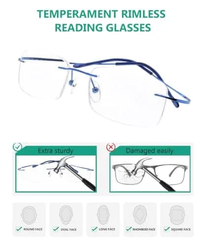 Eyekepper 1.00 Reading Glasses for Men and Women | Blue Rimless Magnifiers with 1 Diopter (120mm arm) thumbnail 2