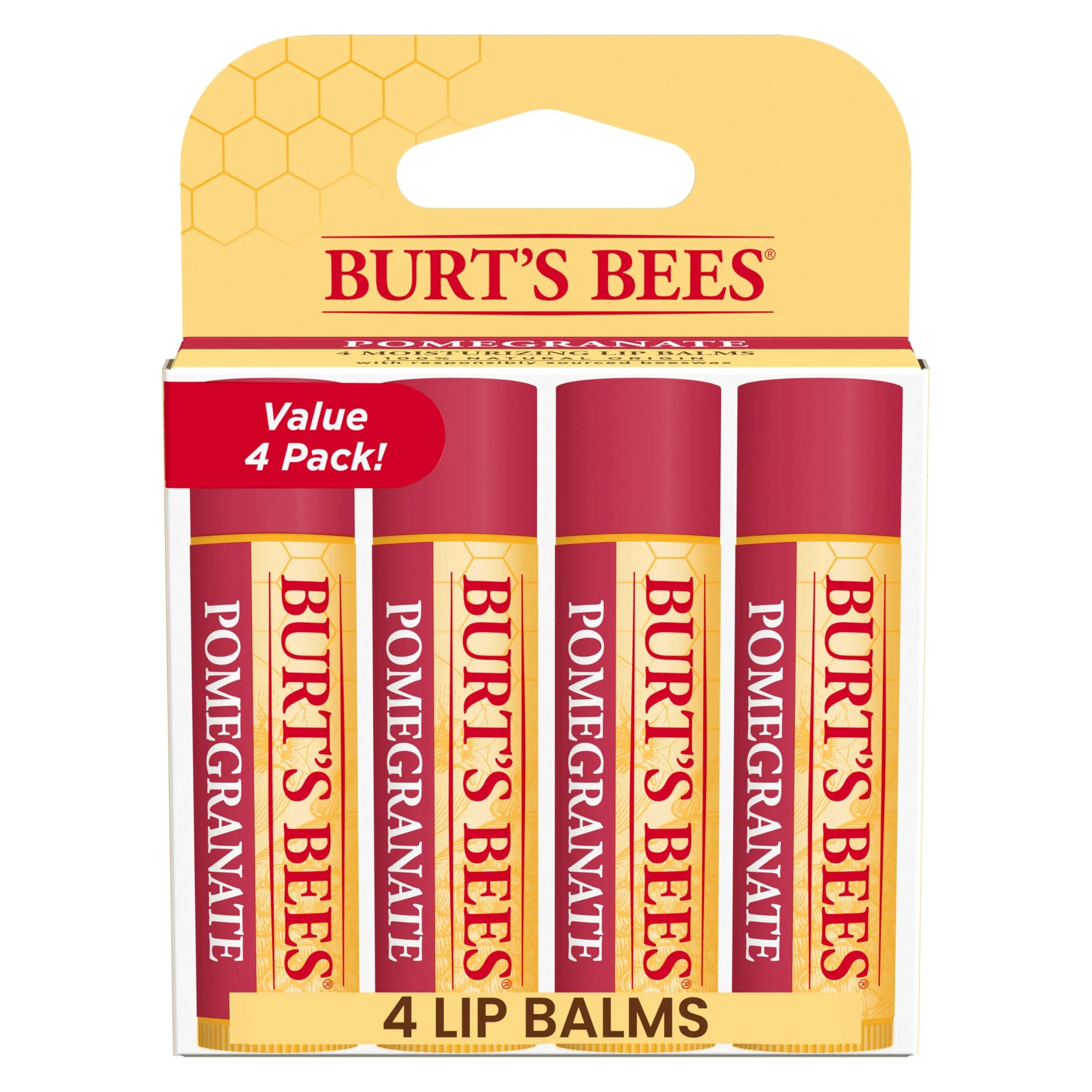Burt's Bees Pomegranate Lip Balm 4 Tubes | Moisturizes Dry Lips, 100% Natural Origin