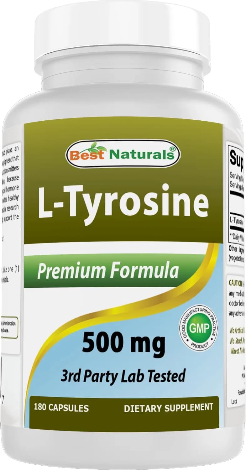 Best Naturals L-Tyrosine 500 Mg 180 Capsules Supports Mental Alertness, Energy, Focus, Healthy Glandular Function and Balance — Capsule