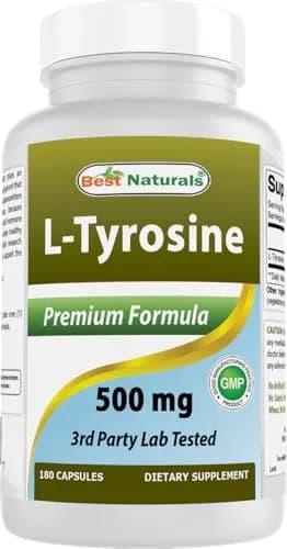 Best Naturals L-Tyrosine 500 Mg 180 Capsules Supports Mental Alertness, Energy, Focus, Healthy Glandular Function and Balance thumbnail 1