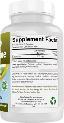 Best Naturals L-Tyrosine 500 Mg 180 Capsules Supports Mental Alertness, Energy, Focus, Healthy Glandular Function and Balance thumbnail 6