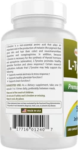 Best Naturals L-Tyrosine 500 Mg 180 Capsules Supports Mental Alertness, Energy, Focus, Healthy Glandular Function and Balance thumbnail 7