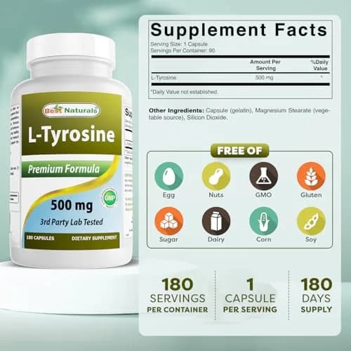 Best Naturals L-Tyrosine 500 Mg 180 Capsules Supports Mental Alertness, Energy, Focus, Healthy Glandular Function and Balance thumbnail 2