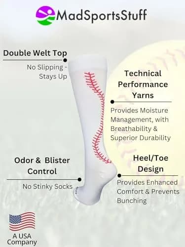 MadSportsStuff Softball Socks with Stitches Over the Calf | Youth Performance Athletic Socks in White/Red thumbnail 5