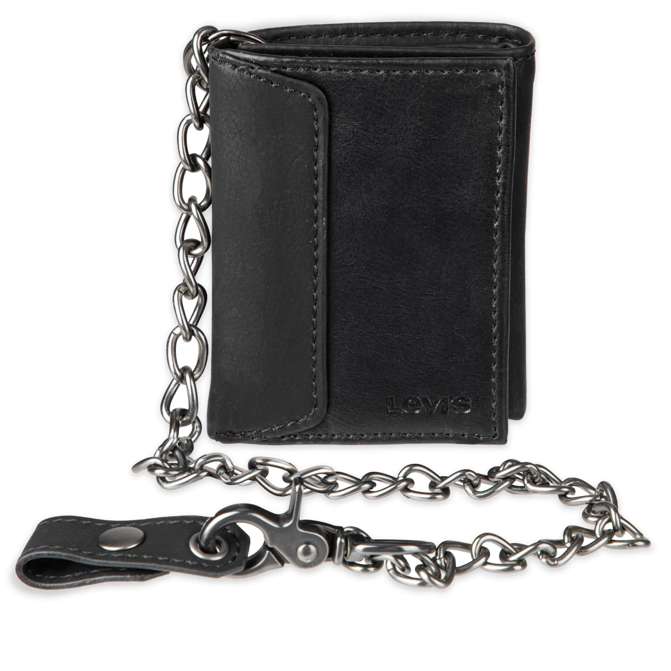 Levi's Men's Trifold Wallet - Slim & Stylish with ID Window & Chain, Black