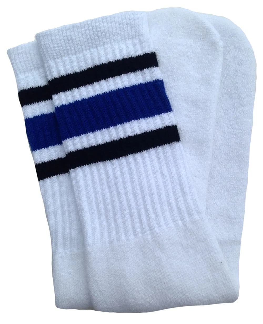 SKATERSOCKS 25" Knee High White Tube Socks with Stripes | Unisex Cotton Blend, Made in USA — White/Black-royal Blue Stripes Style 3