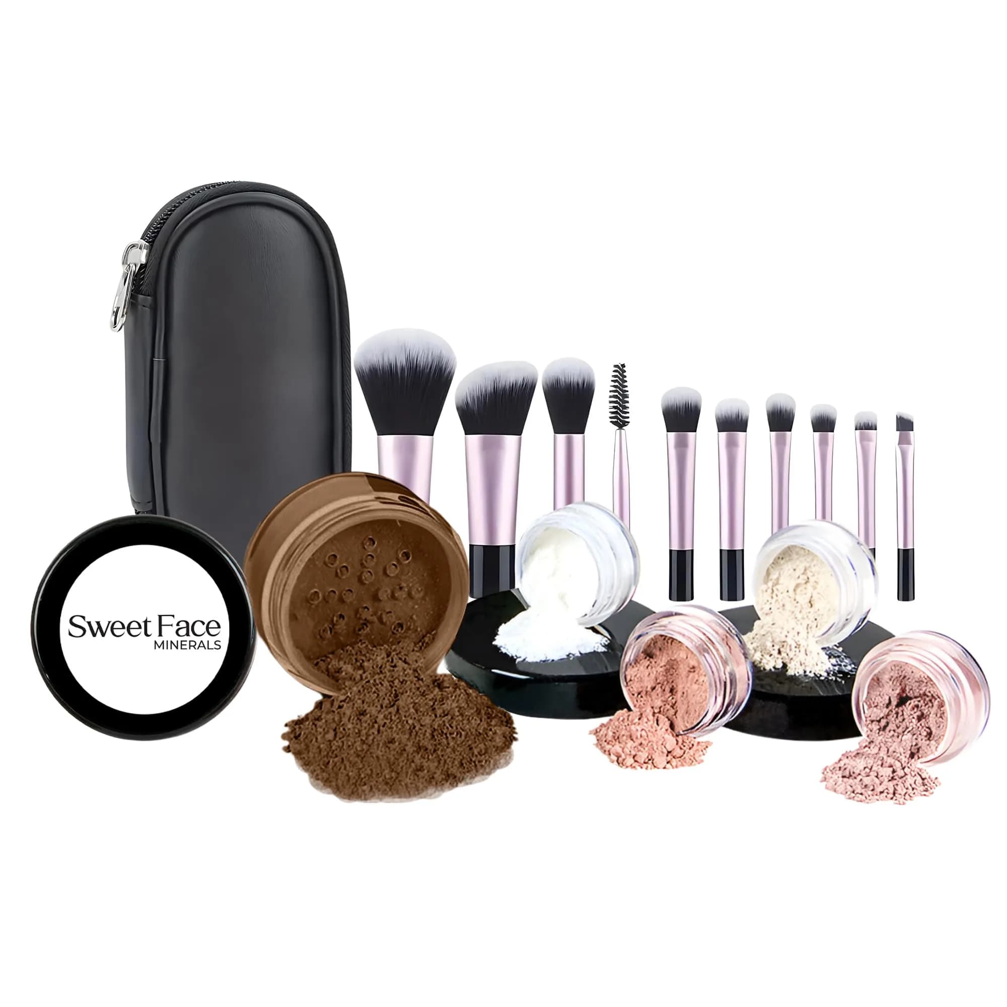 Sweet Face Minerals 16pc Mineral Makeup Starter Kit with 10 Brush Set | Travel Size, Natural Finish, SPF 30, Beginner Friendly