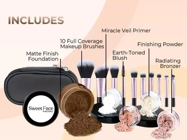 Sweet Face Minerals 16pc Mineral Makeup Starter Kit with 10 Brush Set | Travel Size, Natural Finish, SPF 30, Beginner Friendly thumbnail 2
