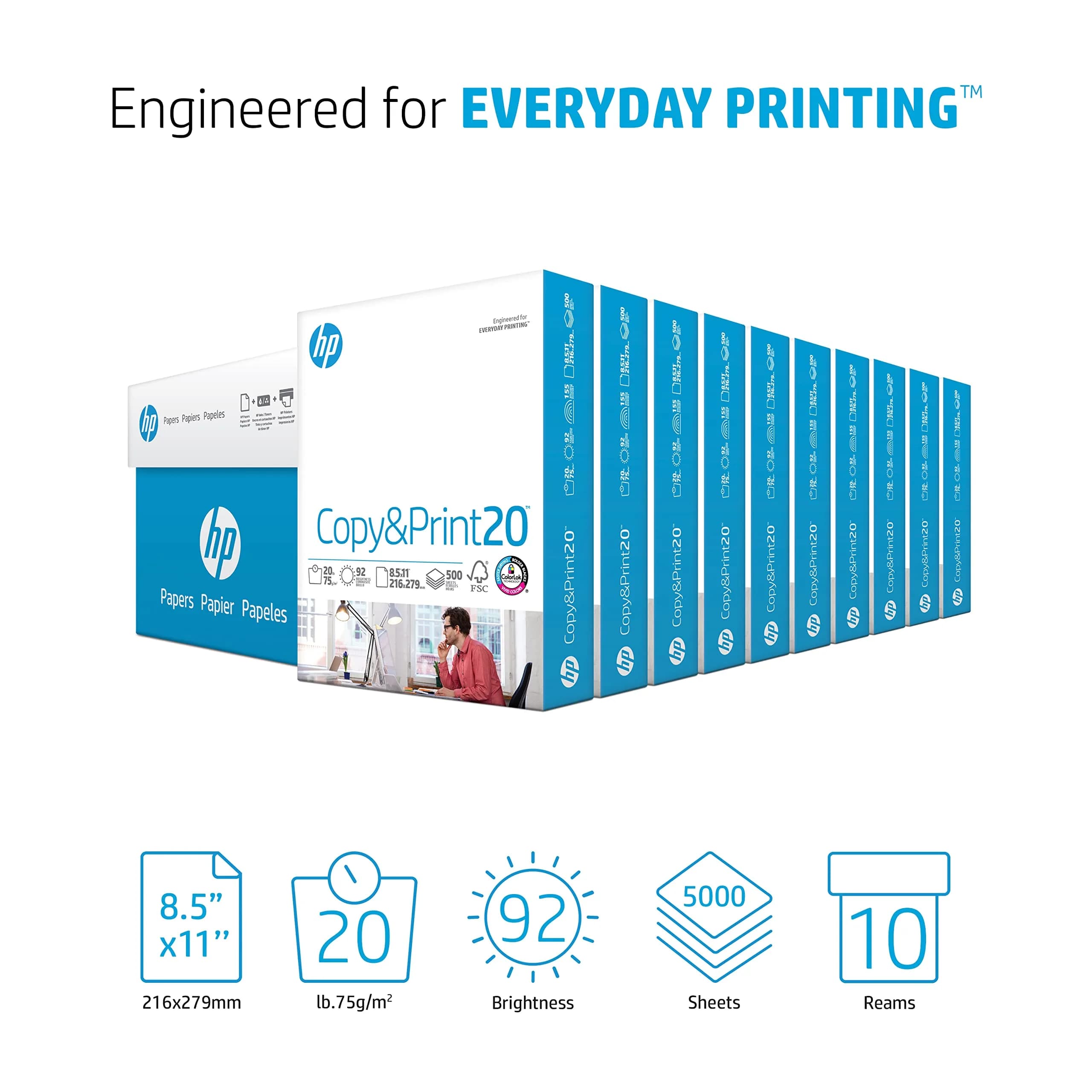 HP Papers Copy & Print 20 lb Printer Paper 8.5 x 11 Inch, 5000 Sheets | FSC Certified, 92 Bright White - view 2