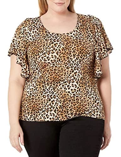 Star Vixen Plus-Size Angel Sleeve Top, Cheetah Print, 2X | Flattering Animal Print with Flutter Sleeves thumbnail 1