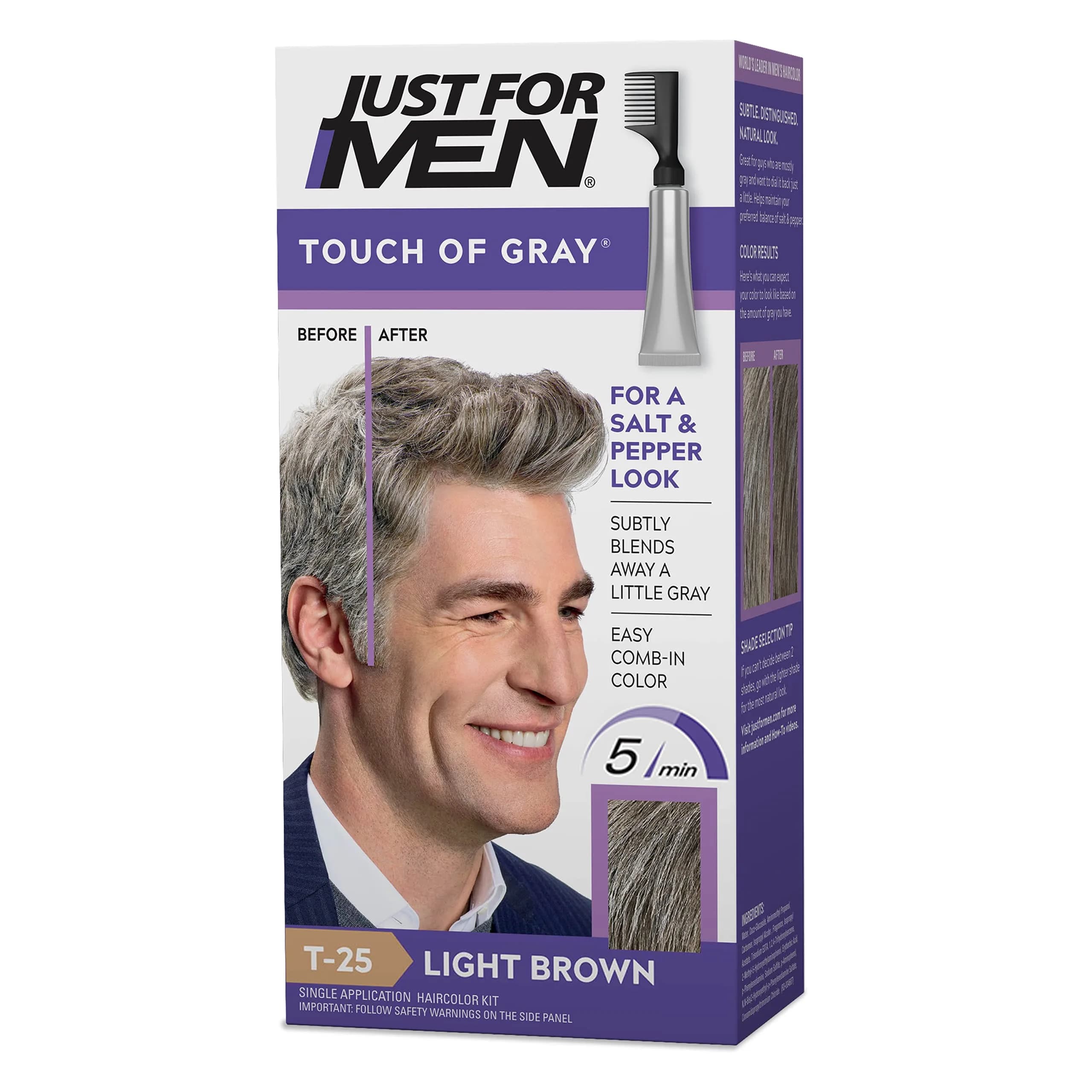 Just For Men Touch of Gray Hair Color Light Brown T-25 | Blends Gray for Salt & Pepper Look — Light Brown T-25