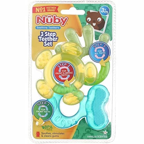 Nuby 3 Step Soothing Teether 3 Piece Set | Babies 3+ Months, Silicone, Refrigerator-Safe Cooling thumbnail 1