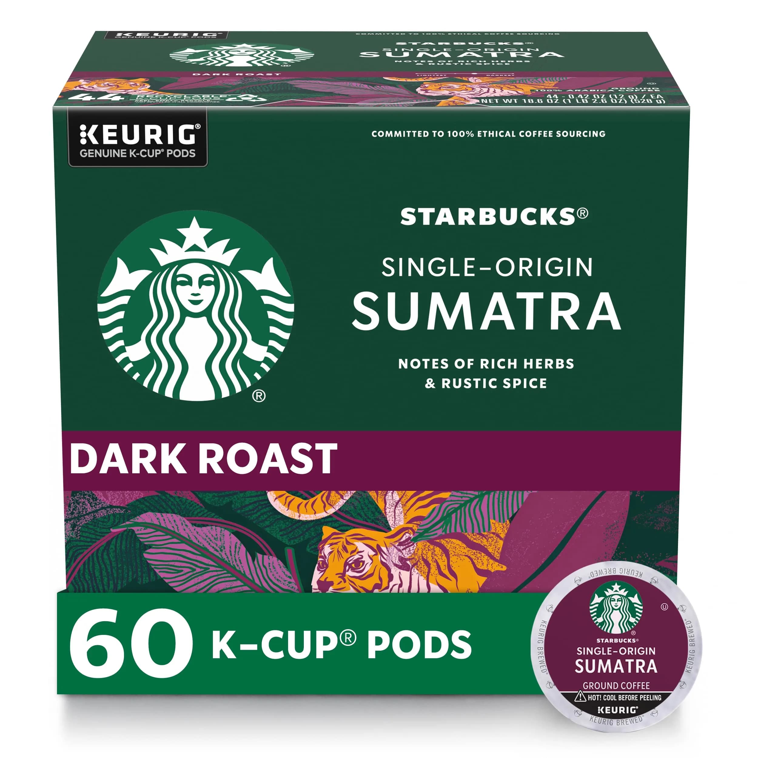 Starbucks K-Cup Coffee Pods, Dark Roast Sumatra | 60 Pods, 100% Arabica, Ethically Sourced