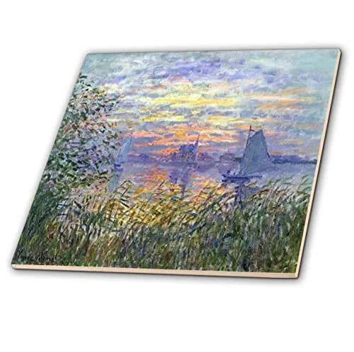 3dRose Ceramic Tile 8 Inch Square High Gloss White Floral | Monet Sunset Scene thumbnail 4