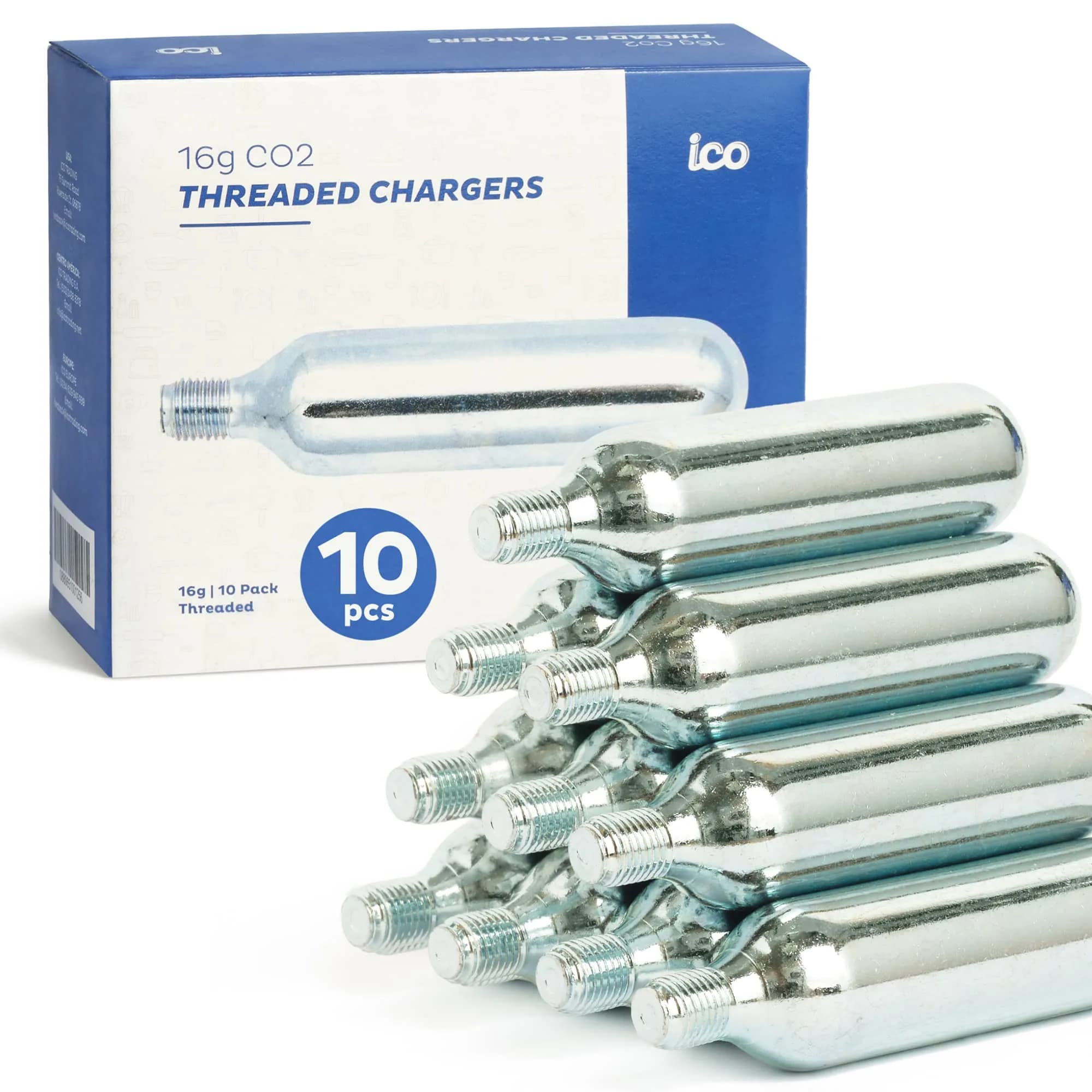 ICO Threaded CO2 Cartridges 16g | Instant Bike Tire Inflation, Food Grade, 10 Pack — 16g